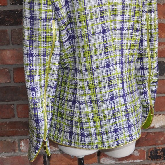 ESCADA WOVEN Tweed Silk Cotton Purple Lime Green Gold Zip-up Jacket Coat 38 - Picture 5 of 8
